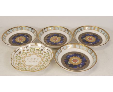 Royal Worcester 4 millennium pin dishes together with Royal Crown Derby green panel pin dish (5) 