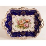 English porcelain, possibly Coalport large two handled tray, 19th century, with hand painted