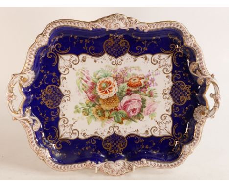 English porcelain, possibly Coalport large two handled tray, 19th century, with hand painted floral decoration.  Measuring 40