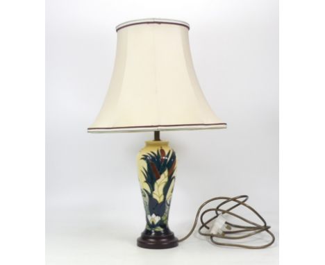 Moorcroft Lamp Base On Plinth, Water Lily and Bull Rush Design on Cream Ground. Height Including Plinth and Light Fitting 32c