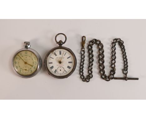 Damaged Silver pocket watch and silver albert chain, 47g and Ingersoll  Triumph pocket watch. (3)