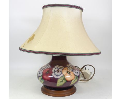 Moorcroft Large Squat Lamp Pansy Design On Burgundy Ground and Lamp Shade (Shade Torn), Height including Plinth 20cm not ligh