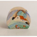 Clarice Cliff open sugar bowl in Red Roof Cottage pattern, 7.4cm wide x 3.7cm x 6.1cm high.