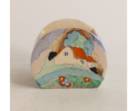 Clarice Cliff open sugar bowl in Red Roof Cottage pattern, 7.4cm wide x 3.7cm x 6.1cm high.