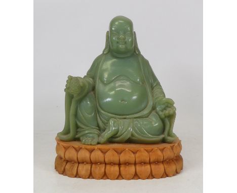 A Resin Model of Budai on Lotus Base, Maitreya Buddha within the Chan Buddhism tradition. Cast to imitate Jade.