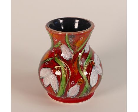 Anita Harris Ruby Snowdrop Trojan Vase, Gold Signed, H:10cm