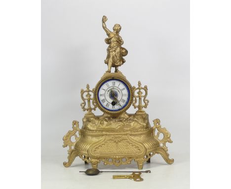 Mid-Late 20th Century Ormulu Mantle Clock with Sevres Style Porcelain Dial. Girl with Grapes Surmounting. Height: 36cm 
