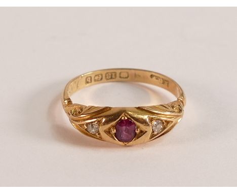 Antique 18ct gold ruby &amp; diamond ring, size M,2.6g, in original leather box.