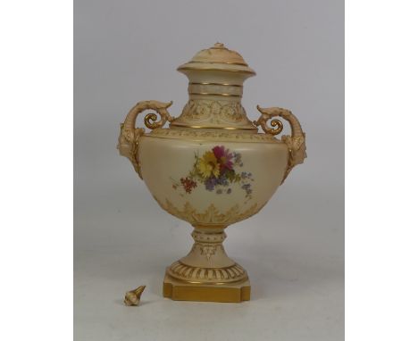 Royal Worcester, handpainted blush ivory lidded urn. Reg No. 18829. Shape No. 1572. a/f finial Height: approx. 24cm in total