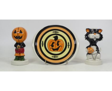 Three Lorna Bailey Halloween Items to include Pumpkin plate, Pumpkin Boy and Cat with Jack O Lantern. (3)