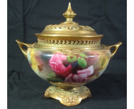 ROYAL WORCESTER PORCELAIN TWIN HANDLED POT POURRI VASE AND COVER decorated and signed by R Austin, with hand painted roses. G