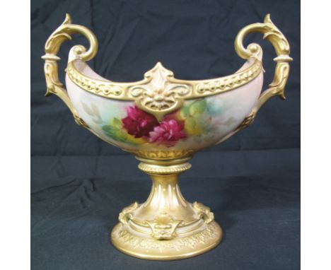 ROYAL WORCESTER PORCELAIN BOAT SHAPED TWIN HANDLED PEDESTAL VASE, hand painted with roses, signed by K Blake (Kitty Blake), s