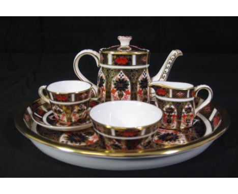 ROYAL CROWN DERBY BONE CHINA IMARI DESIGN 1128XLV MINIATURE TEASET comprising; teapot, cup and saucer, cream jug, sucrier and