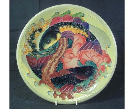 LARGE MODERN MOORCROFT ART POTTERY TUBE LINED CHARGER decorated with two fish amongst reeds. 35cm diameter approx. Painted an
