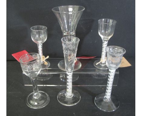 GROUP OF 18TH/19TH CENTURY WINE GLASSES to include; large trumpet shaped wine glass with air bubble and plain stem, a round f