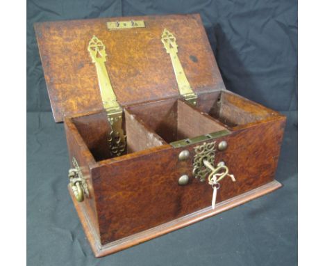 19TH CENTURY BURR WALNUT TEA CADDY having moulded top and hinged lid with brass stud work decoration and brass carrying handl