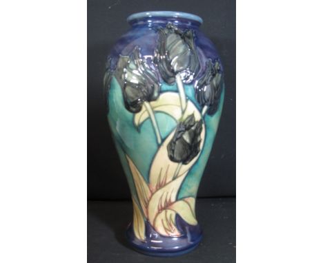 A MODERN MOORCROFT ART POTTERY TUBE LINED 'BLACK TULIP' VASE of baluster form, after Sally Tuffin, in original box. Impressed