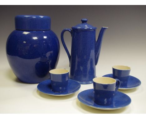 A Moorcroft powder blue coffee pot and cover, the pot of spreading cylindrical form, 20cm high, impressed marks;  three cafe 