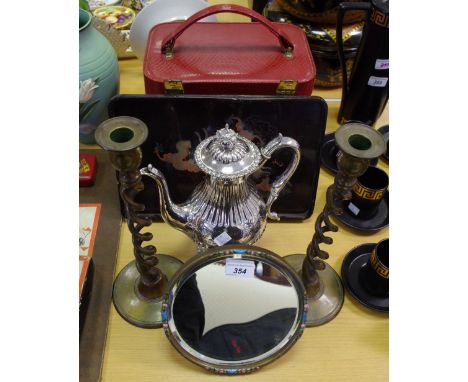 A pair of 19th century brass open twist candlesticks; an Oriental lacquer tray; a barbola type dressing table mirror; a Victo