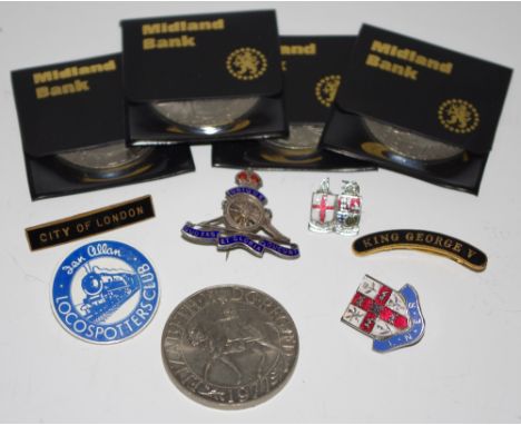 Railwayana - enamel badges, LNER; King George V; City of London; another badge, Ian Allen Loco Spotters Club; a silver and en