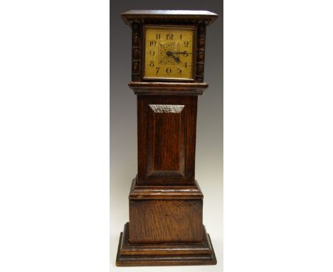 A Scratch Built Miniature grandfather clock, square gold dial, black Roman numerals, manual movement. 