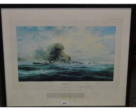 K M Bismark by Robert Taylor, print, signed by Baron Von Mullonheim (former Captain of Bismark)
