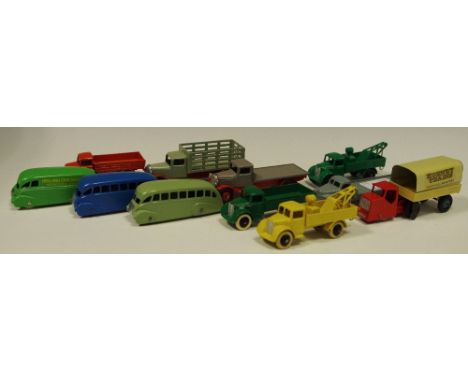 Meccano Dinky Toys - a 29b-g streamliner coach; another; a no.31 Holland Coachcraft streamliner van; a 30e recovery truck; an