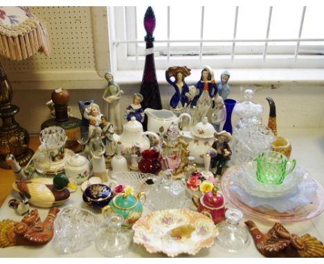 Decorative Ceramics &amp; Glass - various Nao type figures; coloured glass; candlesticks; teapots; Delftware; etc qty 