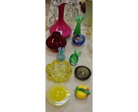 Decorative glass - a small Caithness vase; novelty glass apple; pin dish; trinket dishes; ewer; paperweight etc. (11)