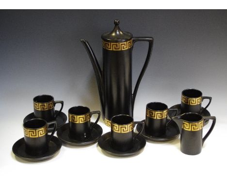 A Portmeirion Pottery Greek Key pattern coffee set for six comprising coffee pot, cream jug, coffee cans and saucers