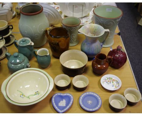  A Denby ware - large ovoid vase; vases; green ware teapot, hot water, milk; Denby casserole and ramekins; Sylvac beetroot po