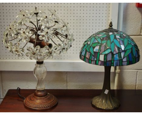 A modern crystal glass floral table lamp, moulded trunk, cast base; another Art Nouveau stained glass