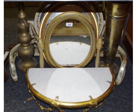 A Rococo revival dressing mirror; another dressing mirror; a giltwood framed wall mirror; a brass table lamp; a large gilt va