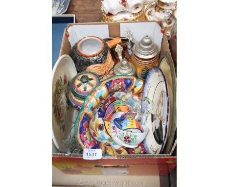Eight pieces of porcelain with painted portrait, Charolles, a rare plate with metal rim (Sebringi pottery) together with six 