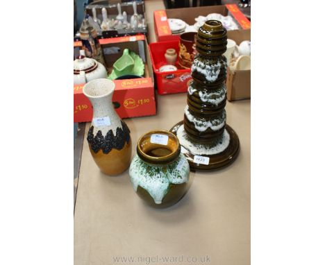 A trio of 20th c. Bay, West German Fat Lava pottery items including a lamp base in glazed brown with olive green and white la