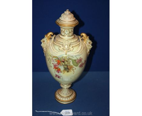 An elegant Royal Worcester lidded Urn/Vase cream/pale primrose ground prettily decorated with gilded highlighted flower bloom