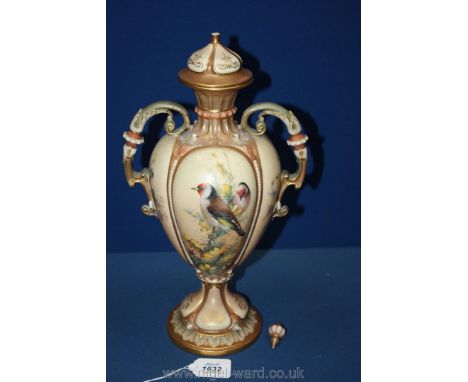 An Art Nouveau design Royal Worcester footed Vase, having a lobed body with illustrations of finches, yellow hammers, blue ti