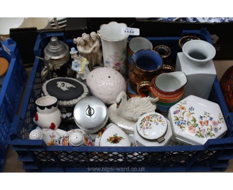 A quantity of miscellaneous china including black Wedgwood Jasperware pin trays and trinket pots, Aynsley lidded pots, Royal 
