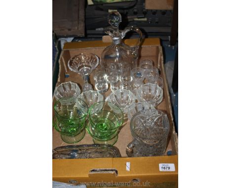 A quantity of glass including a decanter and stopper, jug, serving dishes, sundae dishes, hand bell, sherry glasses, etc