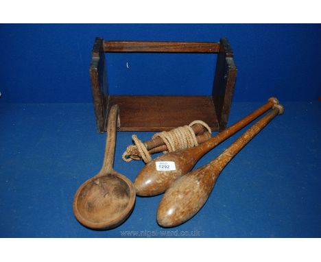 Miscellaneous wooden items including a pair of juggling batons, large wooden spoon,old skipping rope, wooden book shelf etc