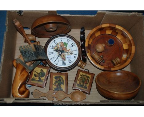 A box of Treen including homemade bowls, clock, toadstool, Hummel pictures, love spoon etc
