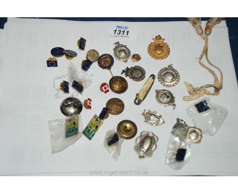 A quantity of miscellaneous Silver Eisteddfod fobs, military uniform buttons and enamel Badges.