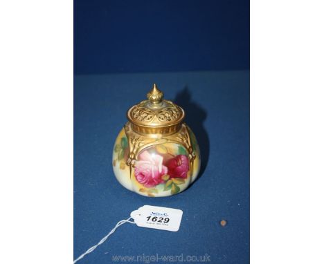 A Royal Worcester Pot Pourri holder, the four panels beautifully decorated with naturalistic depictions of pink roses and sig