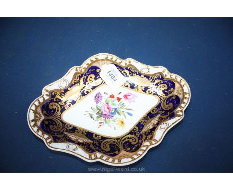 A superb Spode porcelain lozenge shape Dish, the centre with hand painted flowers, the border cobalt blue and gilt, red mark 