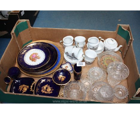 A quantity of Limoges cobalt blue china including trays, trinket box, vases, etc; together with a child's Teaset showing pict
