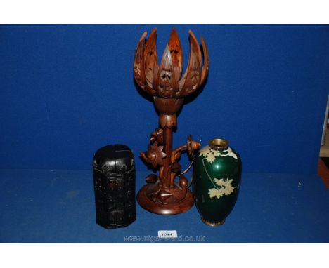 A carved wooden Table Lamp in the form of a Lotus flower, a travel shrine and a Cloisonné vase, a/f