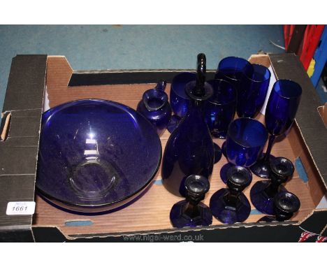 A quantity of Bristol Blue glass including candle holders, decanter, large bowl, glasses etc