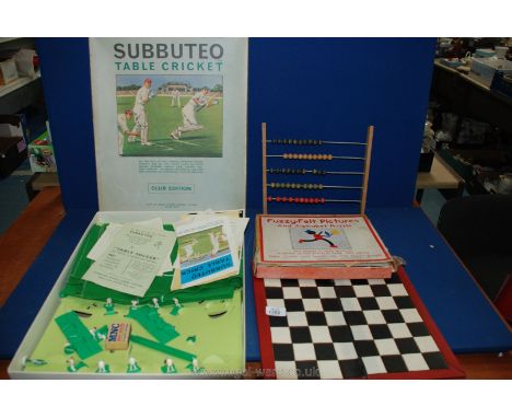 A vintage Subbuteo table cricket game, Fuzzy Felt game and a 1950's abacus