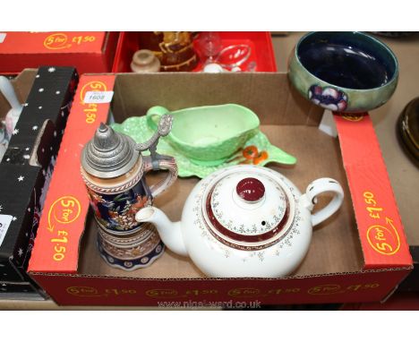 A Carlton ware green cabbage leaf design Dish and a Carltonware small green jug, musical stein, an Arthur Meakin teapot toget