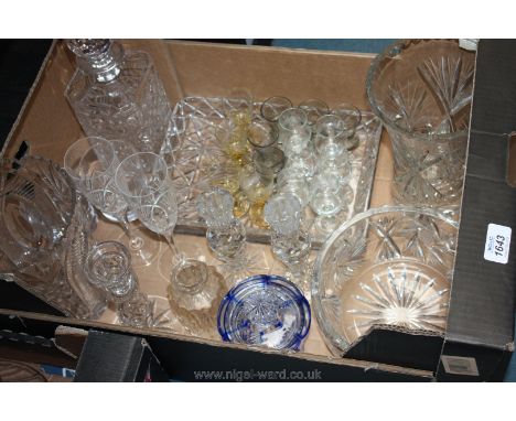 A quantity of glass including a fruit bowl, decanter and stopper, candlesticks, etc